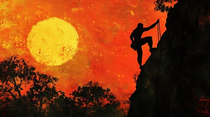 Silhouette of person climbing a rock face with sun and trees in background.