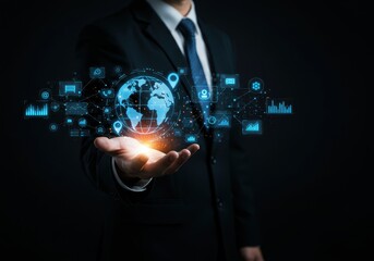 Businessman holding digital globe with network connections and data analytics icons