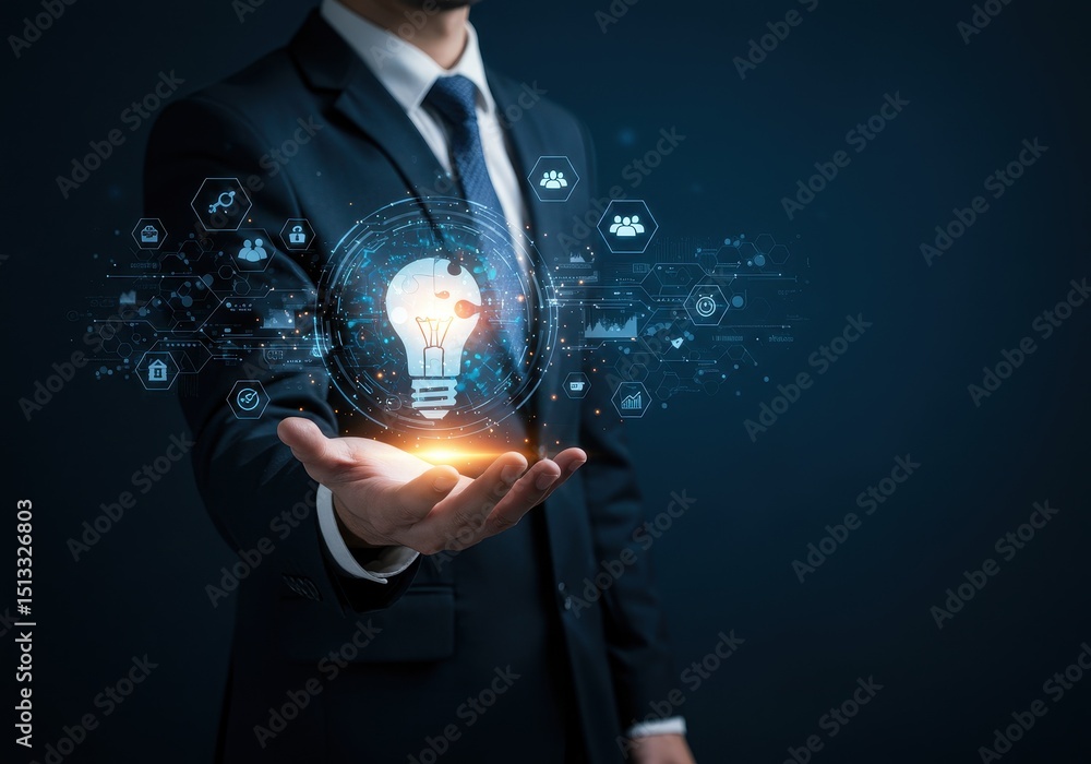 Poster businessman holding lightbulb with digital network and data analysis icons around it