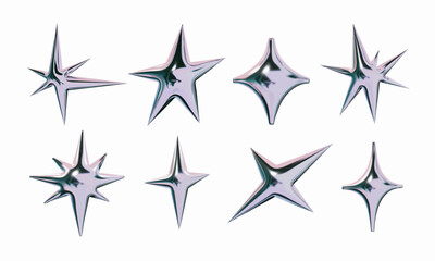 Glossy Chrome Abstract Star Element. A curated set of eight metallic star elements featuring asymmetrical spikes soft diamond radiant bursts. Perfect for futuristic branding digital stickers sci fi
