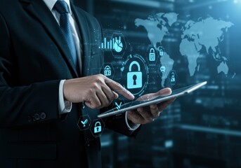 Businessman using tablet with cybersecurity and data protection technology interface