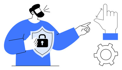 Man presenting shield with lock, pointing forward, gear, and hand gesture elements. Ideal for cybersecurity, data protection, access control, technology, system optimization guidance simple landing