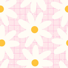 Delicate floral repeat with chamomile in kawaii style. Vector background for fabric, wallpapers, and kids products