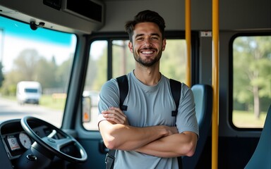 Happy bus driver standing with arms crossed at looking at camera. High quality