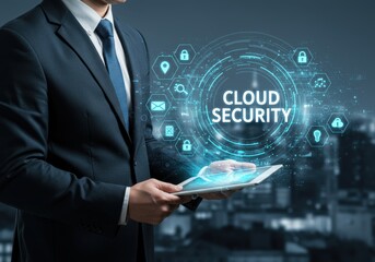Businessman holding tablet displaying cloud security concept with digital icons overlay