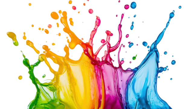Vibrant paint splashes in rainbow colors on a black background, ideal for creative designs and artistic projects.