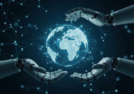 Robot hands holding digital globe with network connections and futuristic technology - Powered by Adobe