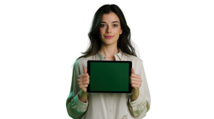 Young woman holding a tablet, displaying a blank screen, isolated on a white background.