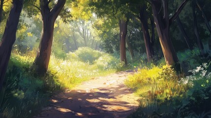 Fototapeta premium A picturesque pathway through a vibrant sun-drenched forest landscape art