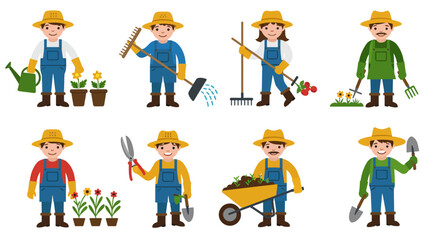 Cartoon Gardeners with Tools Plants and Wheelbarrow Illustration