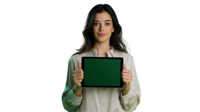 Young woman holding a tablet, displaying a blank screen, isolated on a white background.