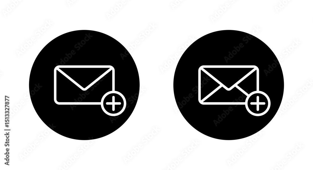 Poster add envelope email outline icon on black circle. message with plus sign symbol