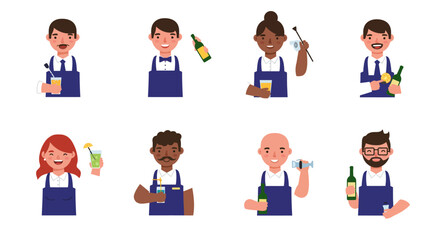 Diverse Cartoon Bartenders Holding Drinks and Bottles in Uniform