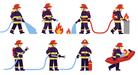 Firefighters in Action Extinguishing Fires and Rescuing People