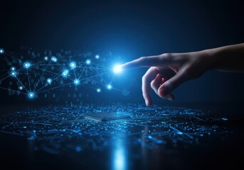 Human hand touching digital network connection on circuit board technology