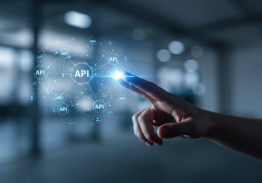 Hand touching api application programming interface connection on digital network