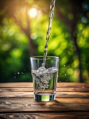 Refreshing water being poured into a glass on a wooden table
