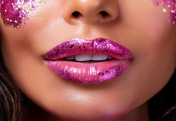Fototapeta premium Close Up of Woman's Lips with Pink Glitter Makeup