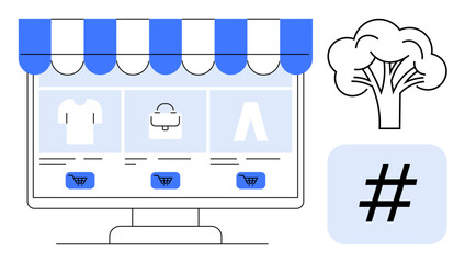 Desktop screen displaying e-commerce store with storefront design, shopping cart icons a tree and metadata tag represent eco-friendly practices, trends. Ideal for e-commerce, retail, sustainability