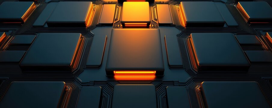economy consumption technology concept. Futuristic digital circuit board with glowing elements in an abstract arrangement.