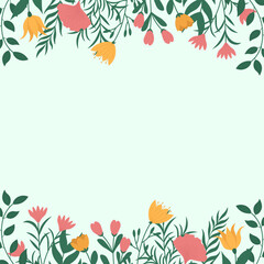 Fototapeta premium Floral frame background with spring flowers and leaves. Floral border for invitation or greeting card. Botanical illustration with pastel colors.