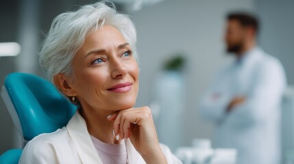 Fototapeta premium Happy woman looking up and smiling while sitting in dental chair. Patient visiting dentist room. Patient care concept.