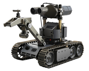 Naklejka premium robotic EOD unit with camera arm and tracks, simplified vector isolated on white 
