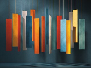Obraz premium Abstract vertical banners in red, white, and blue rhythmically suspended with soft shadows, evoking the elegant movement and cadence of a patriotic parade