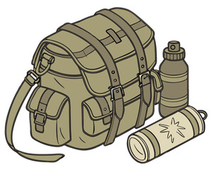 vector of rugged military backpack with water canteen and gear pouches, white background
