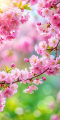 Naklejka premium Soft pink cherry blossoms in full bloom against a blurred background of lush greenery and vibrant foliage