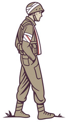 Fototapeta premium soldier with arm sling and head bandage, vector tribute style on white background 
