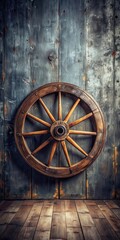 Obraz premium Reclaimed wooden wheel on a dark grey industrial background