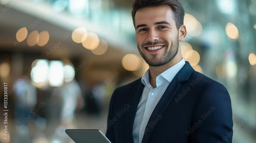 Poster a businessman holds a tablet computer while dressed in a suit