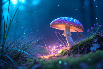 Surreal glowing bioluminescent fungi in dreamy magical nature scene