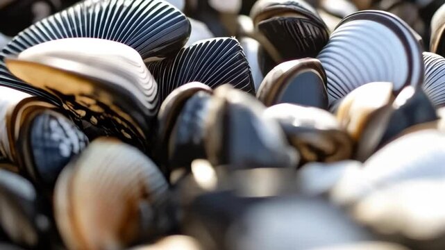 Close-up view of many empty clam shells with white and black stripes, resting on the shoreline sand near the ocean surf.