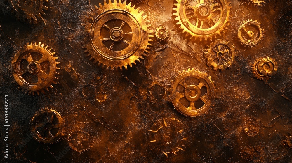 Poster golden gears and cogs on a textured dark brown background create a steampunk theme.