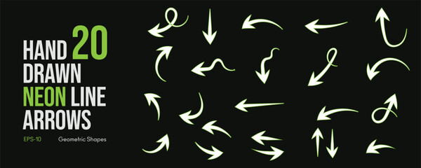 Hand Drawn Crayon Neon Arrow Brush Set with Fun Kid Sketch Chalk Strokes Neon Light Textures Doodle Lines Vector hand drawn brush stroke for presentation and Creative Design Projects