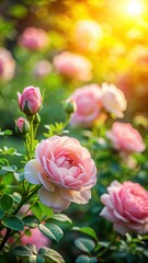 Soft petals unfolding from delicate pink rose stems amidst lush green foliage and warm sunlight