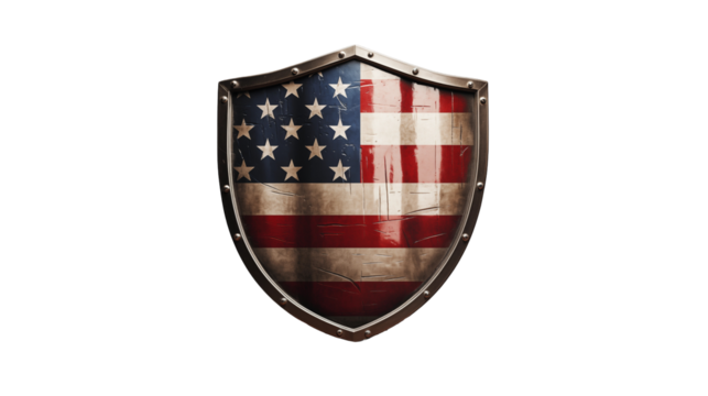 Wooden American flag shield, rustic patriotic symbol, USA protection design, vintage metal texture background, isolated on transparent background.