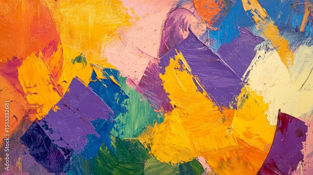 Poster abstract painting with vibrant colors and textured brushstrokes creating a dynamic composition.
