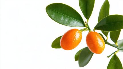 Fresh kumquats on branch with green leaves, showcasing their vibrant orange color and glossy texture, evoke sense of natural beauty