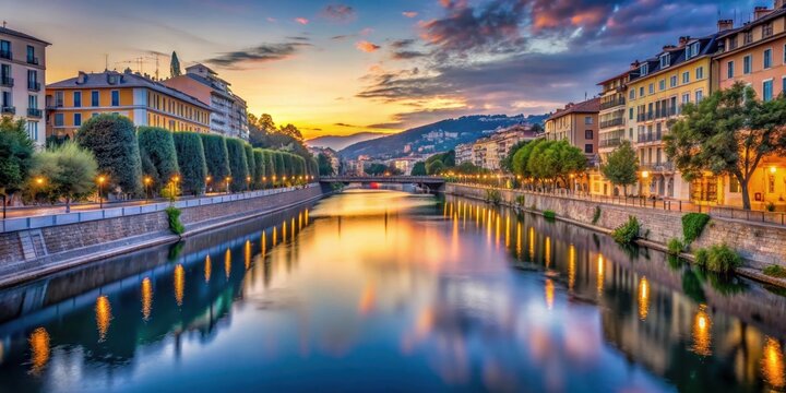 Serene riverbank at dusk with the P?trusse River flowing gently through the heart of Nice France