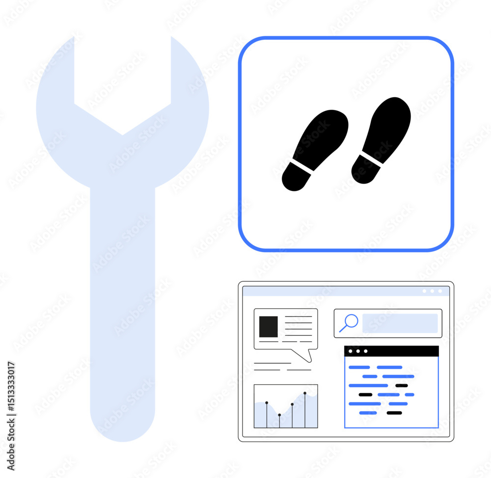 Aufkleber large wrench, footprint path icon, and web layout highlight tools, steps, and structured solutions. 
