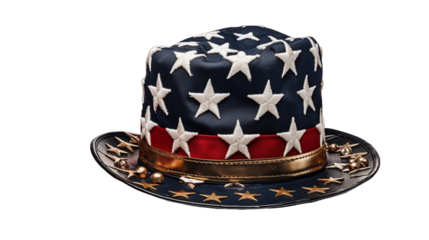 Uncle Sam hat with flag, July 4th festive symbol, stars stripes patriotic, USA independence celebration, isolated on transparent background.