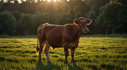 Red Dane Cow stand up on green grass with sunlight.generative.ai
