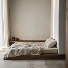 Modern Minimalist Bedroom with Wooden Bed and Cozy Neutral Decor