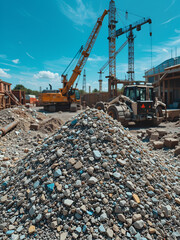 Pile of crushed stones at construction site, with heavy machinery and crane in background, under a blue sky.