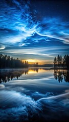 Fototapeta premium ethereal Noctilucent clouds over a serene forest lake at midnight in Latvia's summer