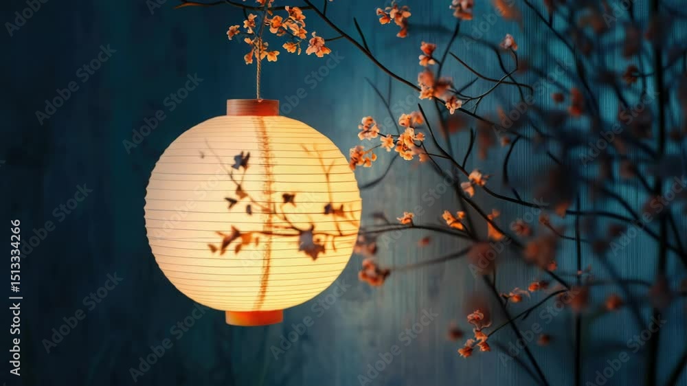 Poster a white paper lantern hangs from a tree branch, surrounded by foliage