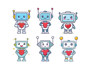 Cute Cartoon Robot Holding Heart Vector Set for Valentine, Love, or Technology-Themed Designs – Adorable AI Robot Character with Heart Symbol in Hand